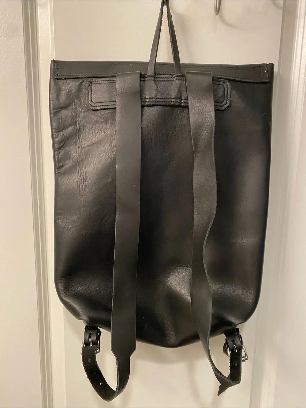 Black Leather Roll-Top Backpack